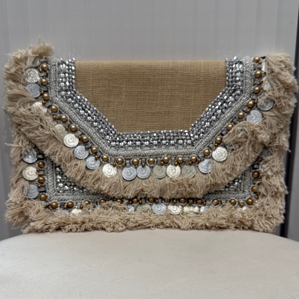 Lulu's Beige and Silver Embellished Clutch